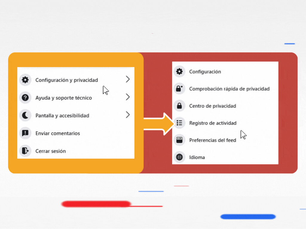 Opciones en Facebook para borrar datos. 